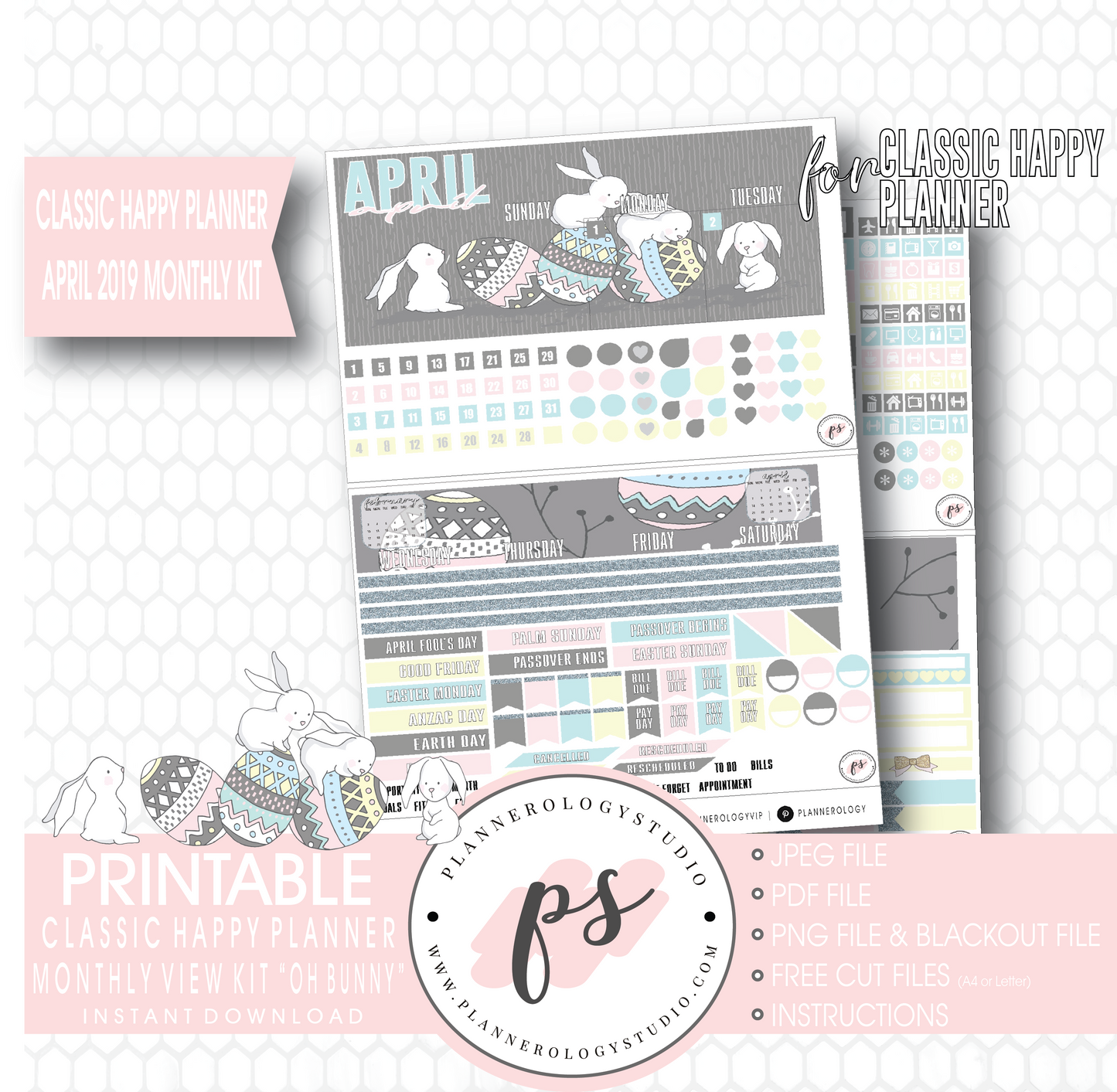 Oh Bunny April Easter 2019 Monthly View Kit Digital Printable Planner Stickers (for use with Classic Happy Planner) - Plannerologystudio