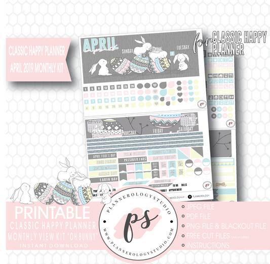 Oh Bunny April Easter 2019 Monthly View Kit Digital Printable Planner Stickers (for use with Classic Happy Planner) - Plannerologystudio