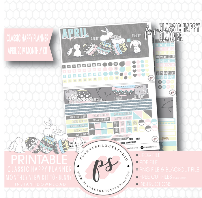 Oh Bunny April Easter 2019 Monthly View Kit Digital Printable Planner Stickers (for use with Classic Happy Planner) - Plannerologystudio