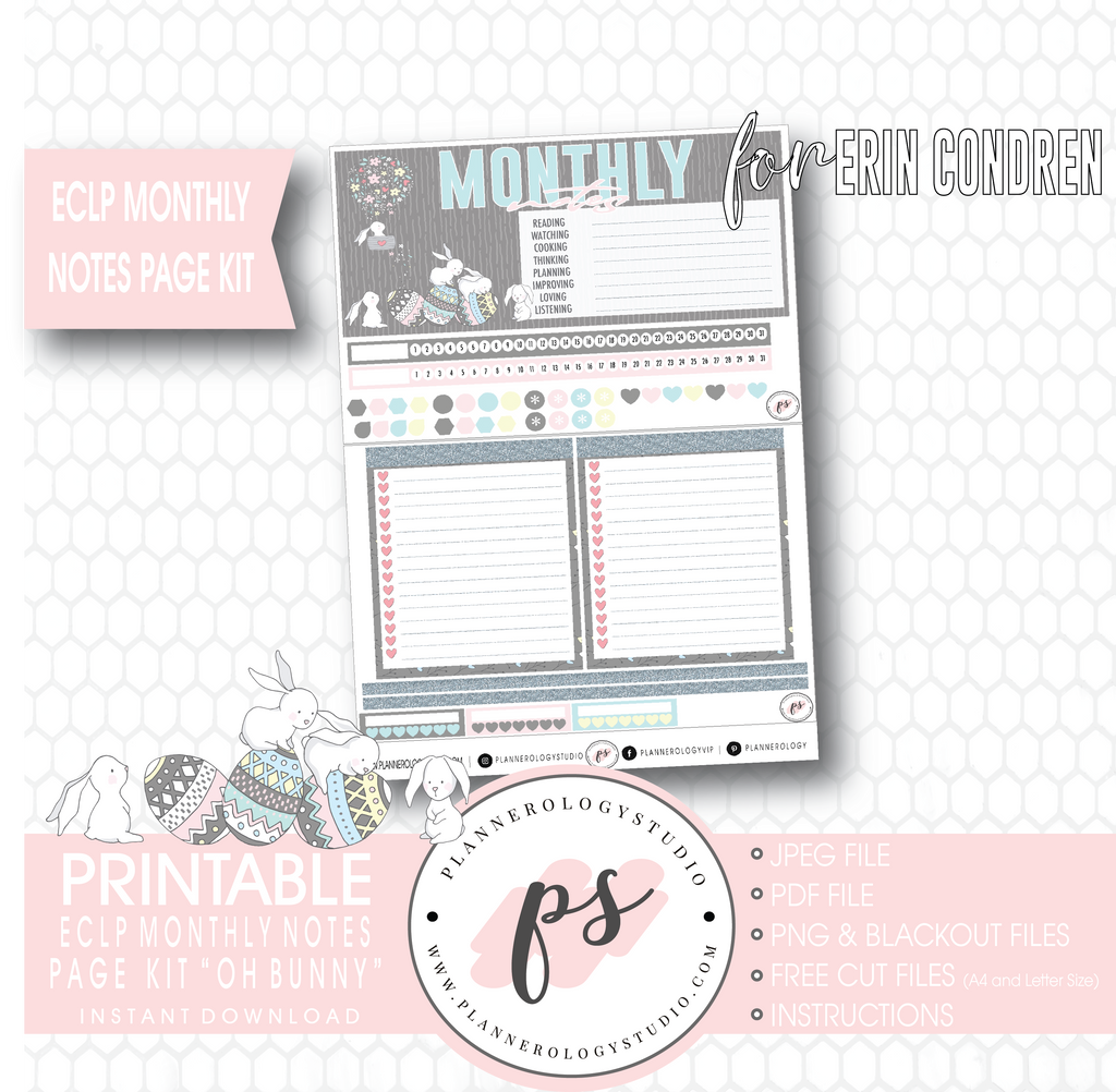 Oh Bunny Easter Monthly Notes Page Kit Digital Printable Planner Stickers (for use with Erin Condren) - Plannerologystudio