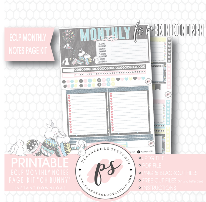 Oh Bunny Easter Monthly Notes Page Kit Digital Printable Planner Stickers (for use with Erin Condren) - Plannerologystudio