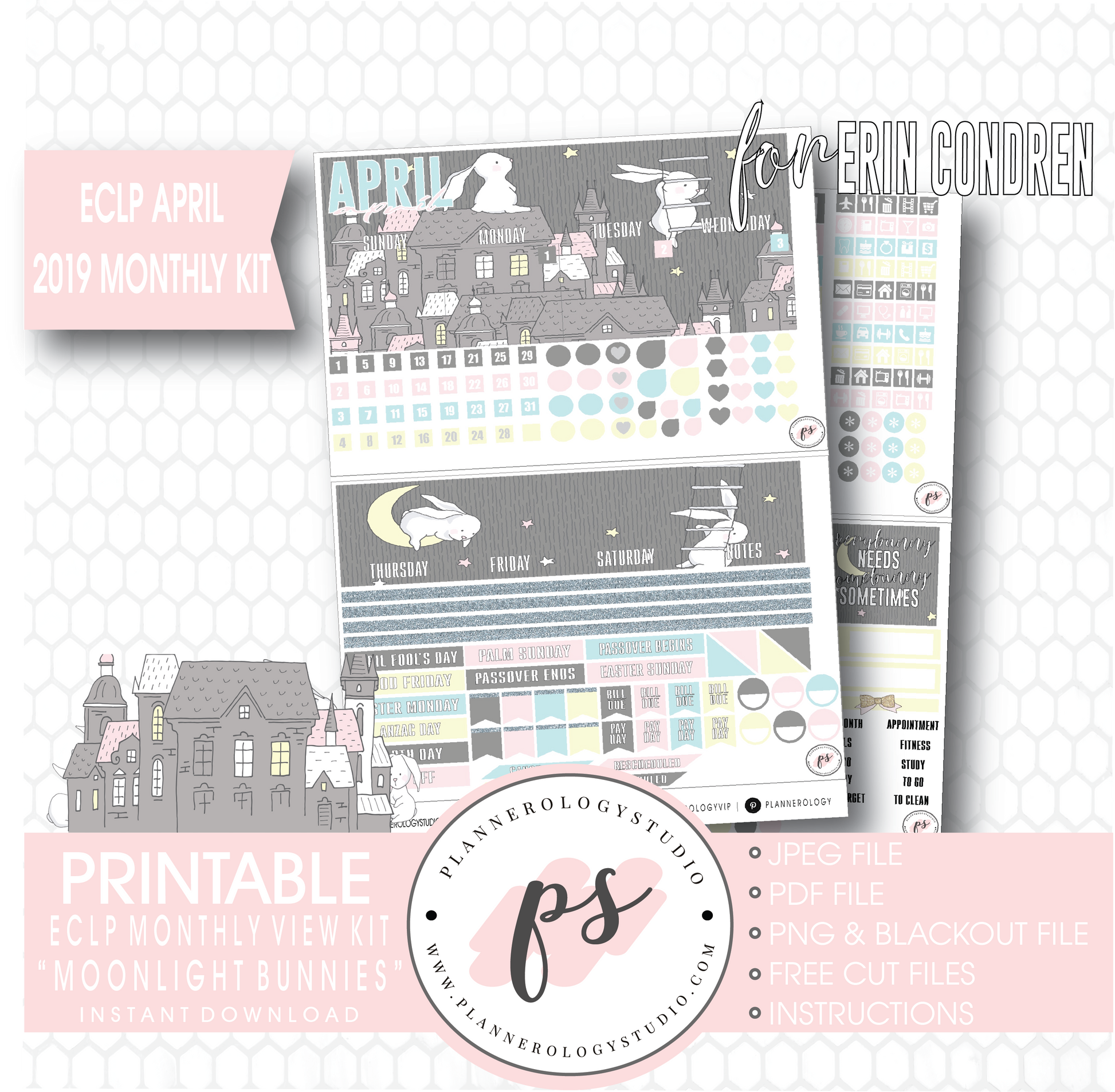Moonlight Bunnies April Easter 2019 Monthly View Kit Digital Printable Planner Stickers (for use with Erin Condren) - Plannerologystudio