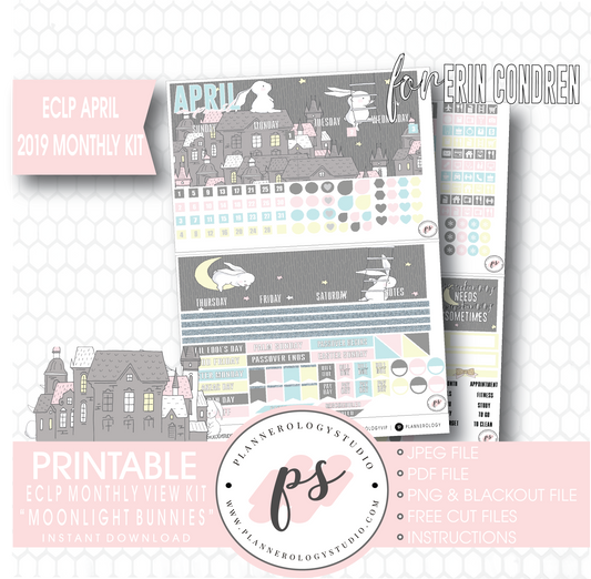 Moonlight Bunnies April Easter 2019 Monthly View Kit Digital Printable Planner Stickers (for use with Erin Condren) - Plannerologystudio