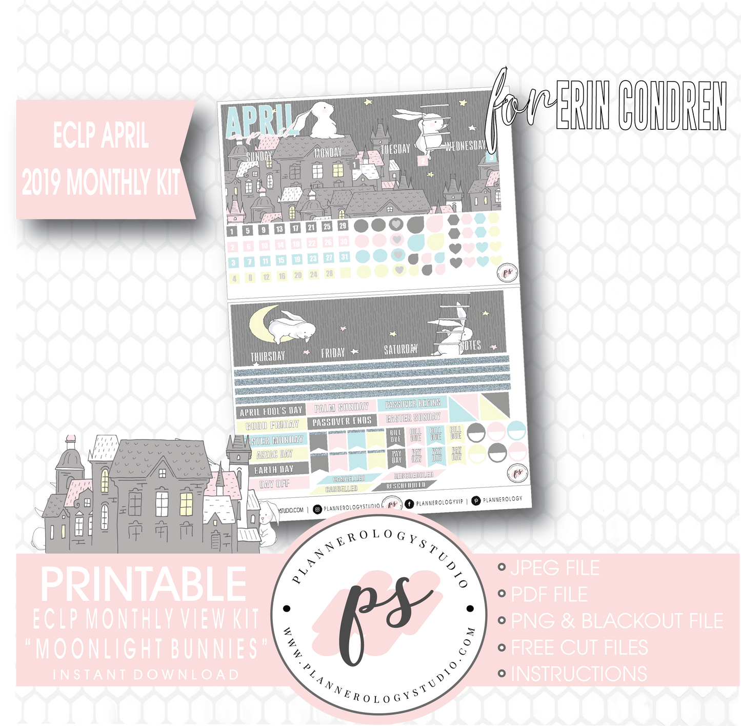 Moonlight Bunnies April Easter 2019 Monthly View Kit Digital Printable Planner Stickers (for use with Erin Condren) - Plannerologystudio