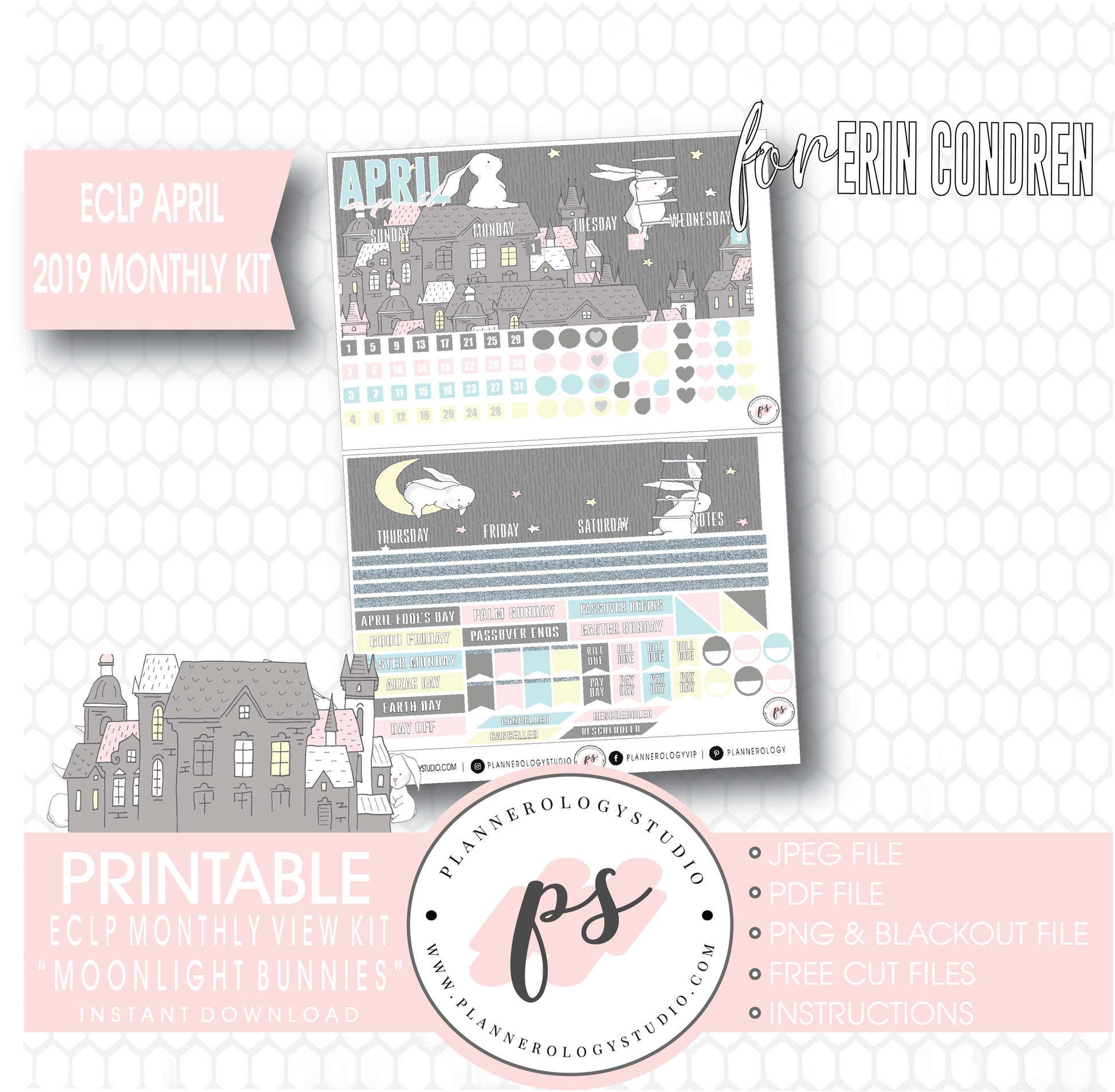 Moonlight Bunnies April Easter 2019 Monthly View Kit Digital Printable Planner Stickers (for use with Erin Condren) - Plannerologystudio