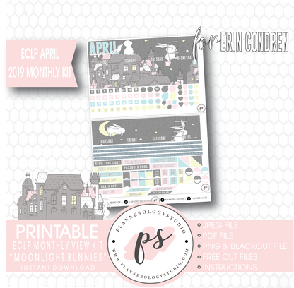 Moonlight Bunnies April Easter 2019 Monthly View Kit Digital Printable Planner Stickers (for use with Erin Condren) - Plannerologystudio