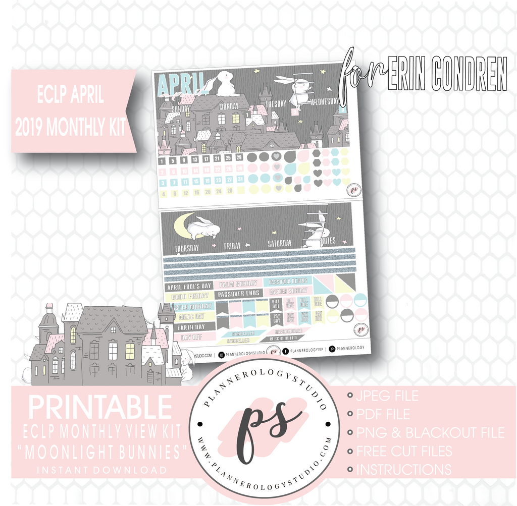 Moonlight Bunnies April Easter 2019 Monthly View Kit Digital Printable Planner Stickers (for use with Erin Condren) - Plannerologystudio