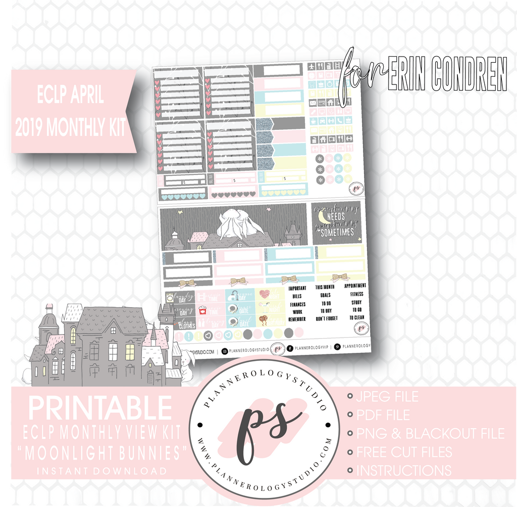 Moonlight Bunnies April Easter 2019 Monthly View Kit Digital Printable Planner Stickers (for use with Erin Condren) - Plannerologystudio
