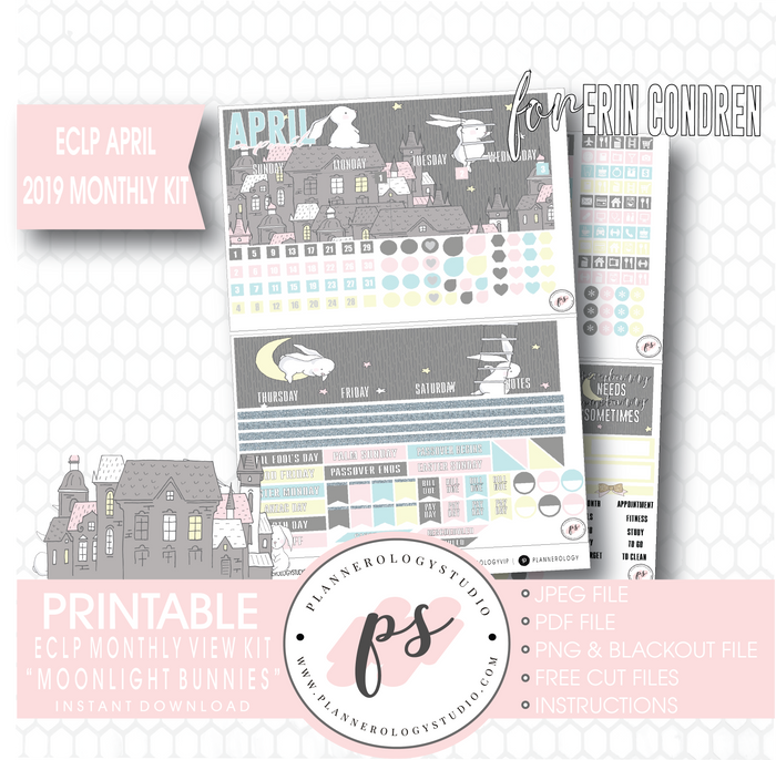 Moonlight Bunnies April Easter 2019 Monthly View Kit Digital Printable Planner Stickers (for use with Erin Condren) - Plannerologystudio