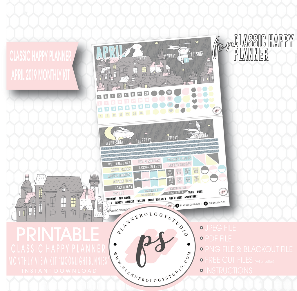 Moonlight Bunnies April Easter 2019 Monthly View Kit Digital Printable Planner Stickers (for use with Classic Happy Planner) - Plannerologystudio