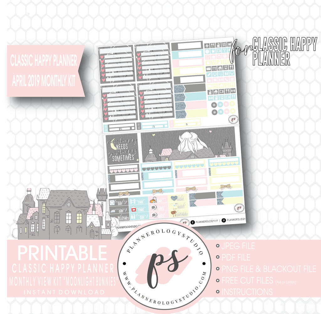 Moonlight Bunnies April Easter 2019 Monthly View Kit Digital Printable Planner Stickers (for use with Classic Happy Planner) - Plannerologystudio