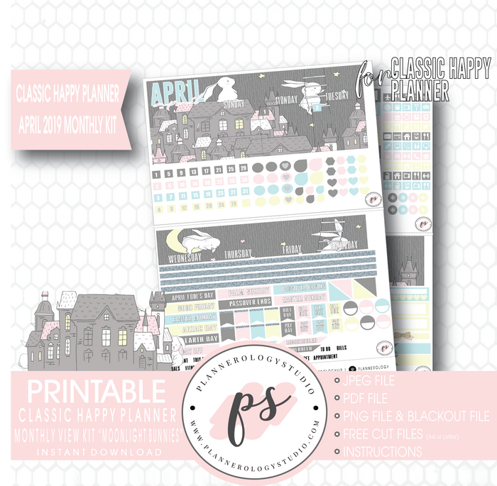 Moonlight Bunnies April Easter 2019 Monthly View Kit Digital Printable Planner Stickers (for use with Classic Happy Planner) - Plannerologystudio