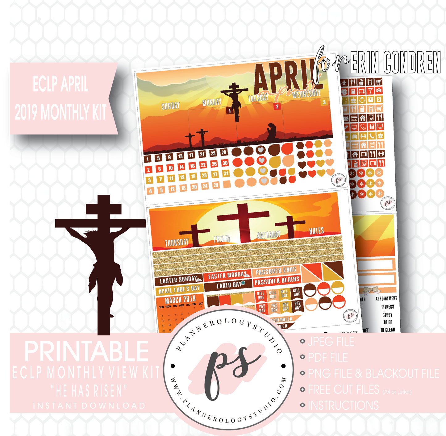 He Has Risen April Easter 2019 Monthly View Kit Digital Printable Planner Stickers (for use with Erin Condren) - Plannerologystudio