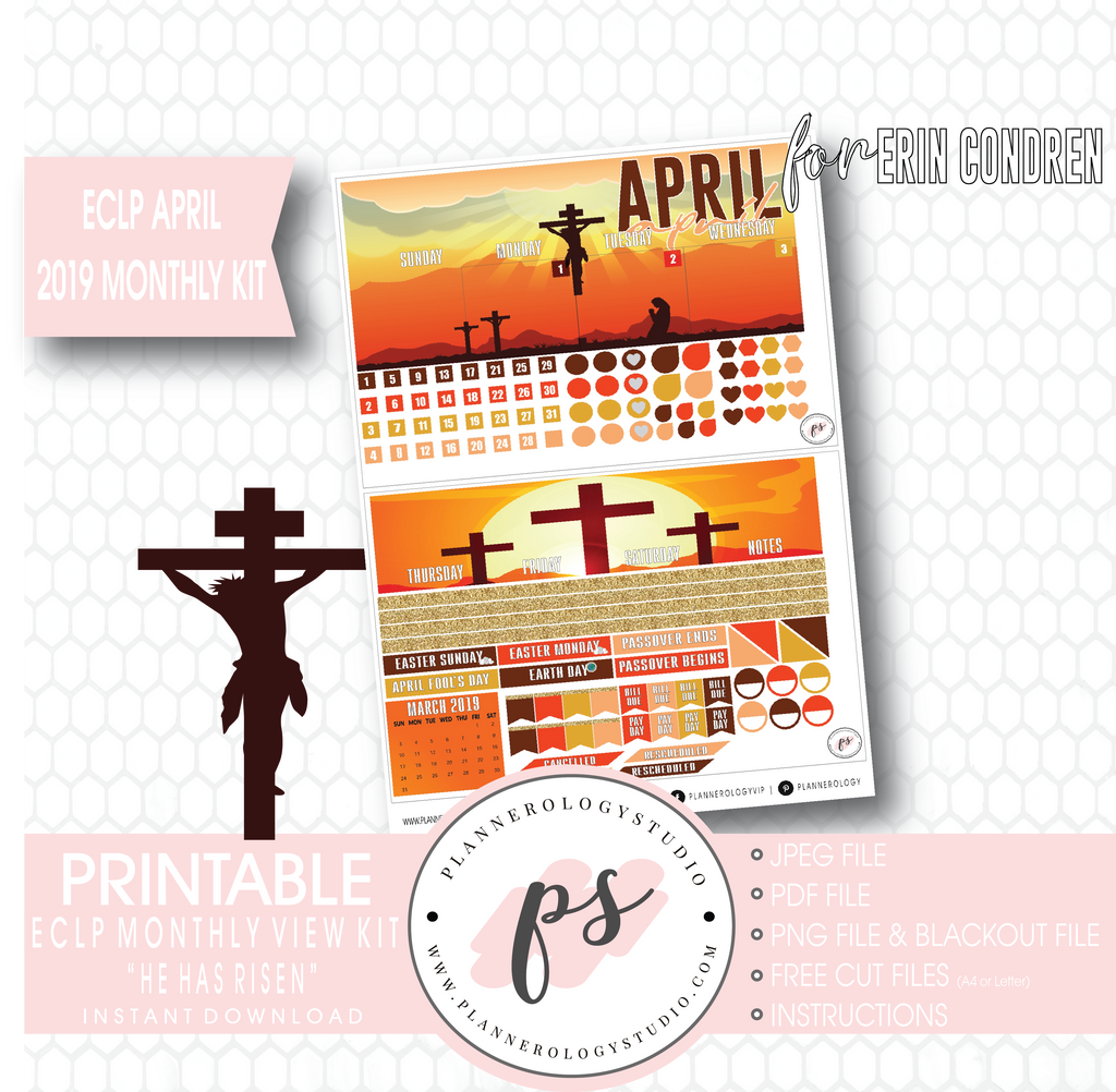 He Has Risen April Easter 2019 Monthly View Kit Digital Printable Planner Stickers (for use with Erin Condren) - Plannerologystudio