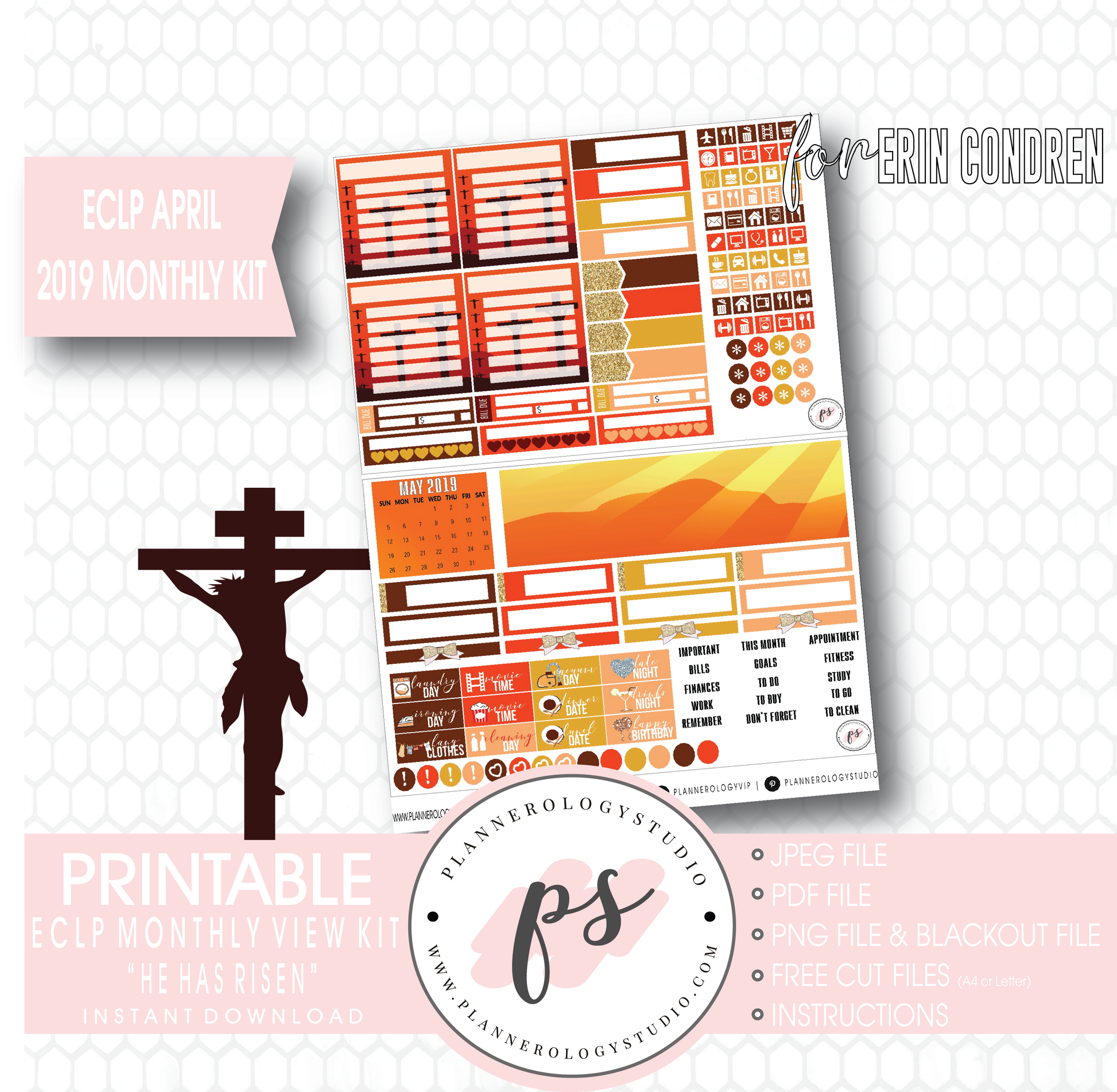He Has Risen April Easter 2019 Monthly View Kit Digital Printable Planner Stickers (for use with Erin Condren) - Plannerologystudio