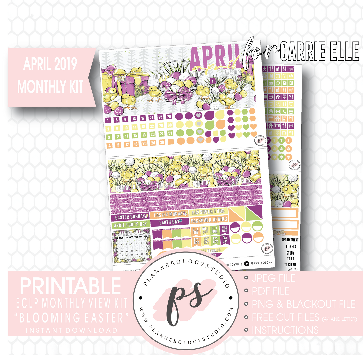 Blooming Easter April 2019 Monthly View Kit Digital Printable Planner Stickers (for use with Carrie Elle Planner) - Plannerologystudio