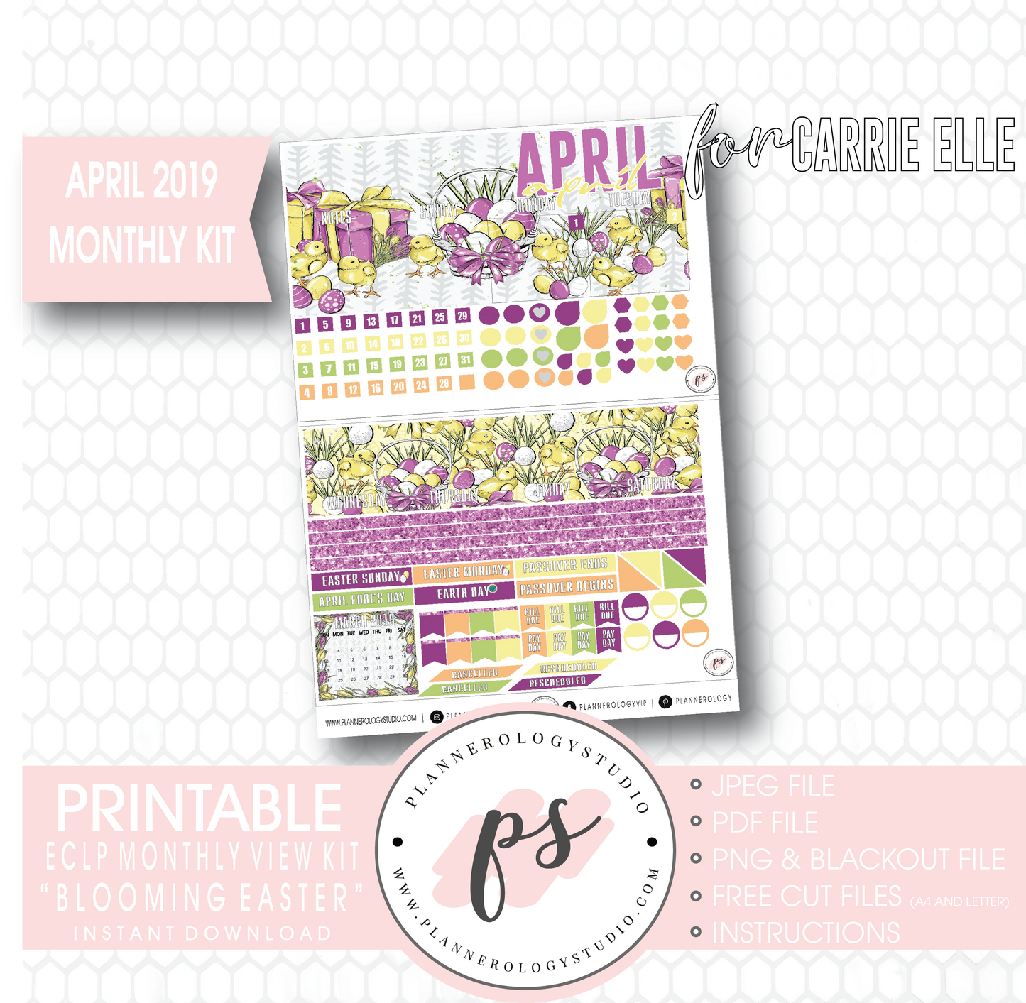 Blooming Easter April 2019 Monthly View Kit Digital Printable Planner Stickers (for use with Carrie Elle Planner) - Plannerologystudio