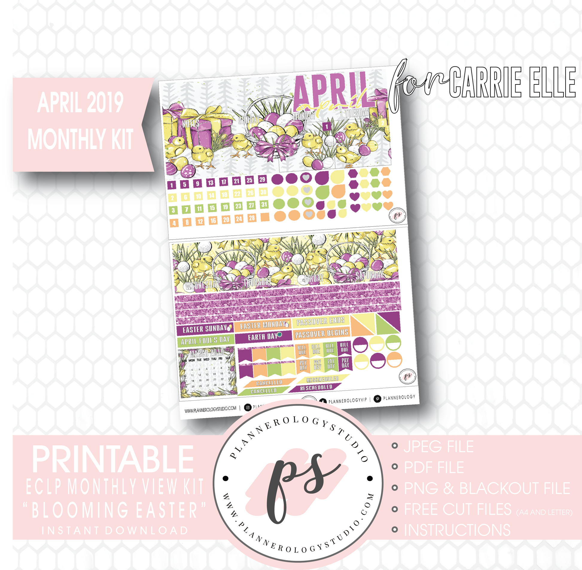 Blooming Easter April 2019 Monthly View Kit Digital Printable Planner Stickers (for use with Carrie Elle Planner) - Plannerologystudio