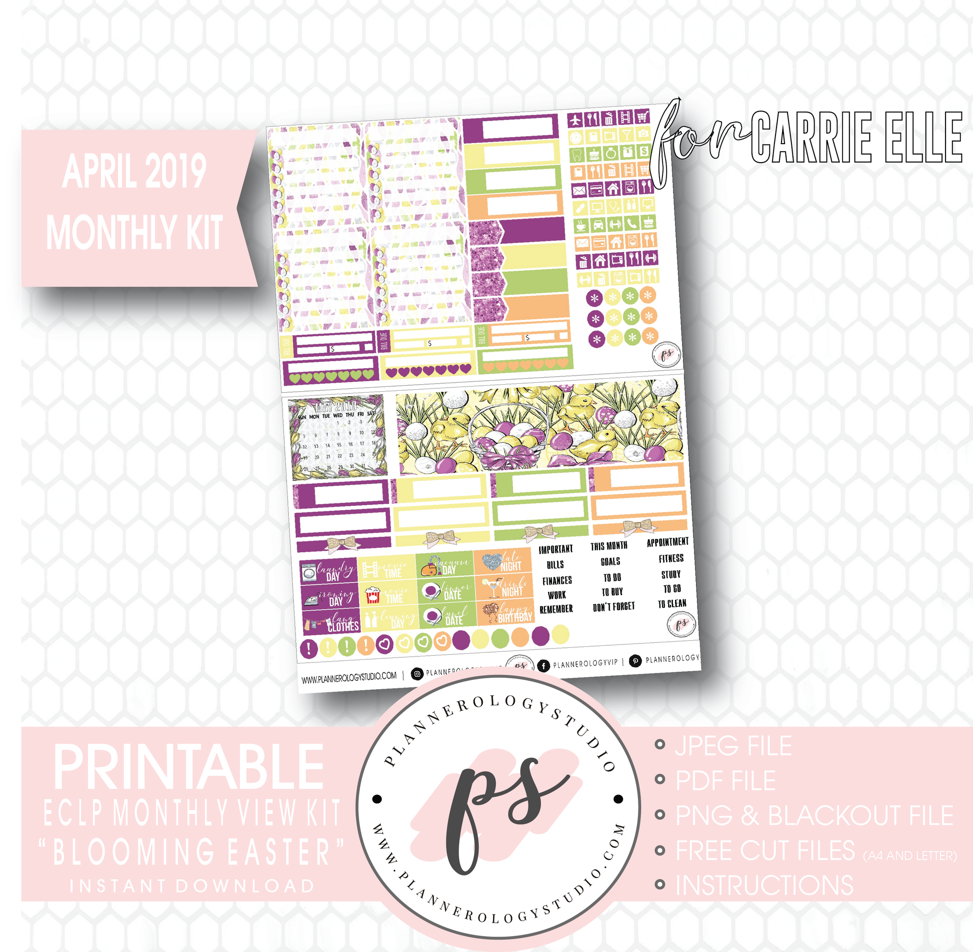 Blooming Easter April 2019 Monthly View Kit Digital Printable Planner Stickers (for use with Carrie Elle Planner) - Plannerologystudio