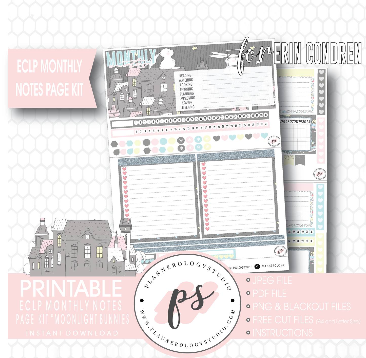 Moonlight Bunnies Easter Monthly Notes Page Kit Digital Printable Planner Stickers (for use with Erin Condren) - Plannerologystudio