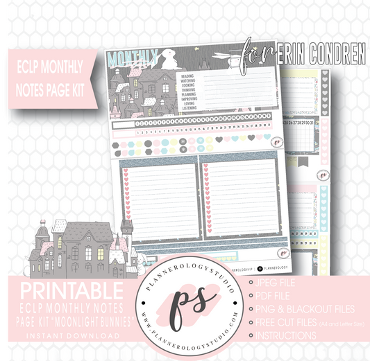 Moonlight Bunnies Easter Monthly Notes Page Kit Digital Printable Planner Stickers (for use with Erin Condren) - Plannerologystudio