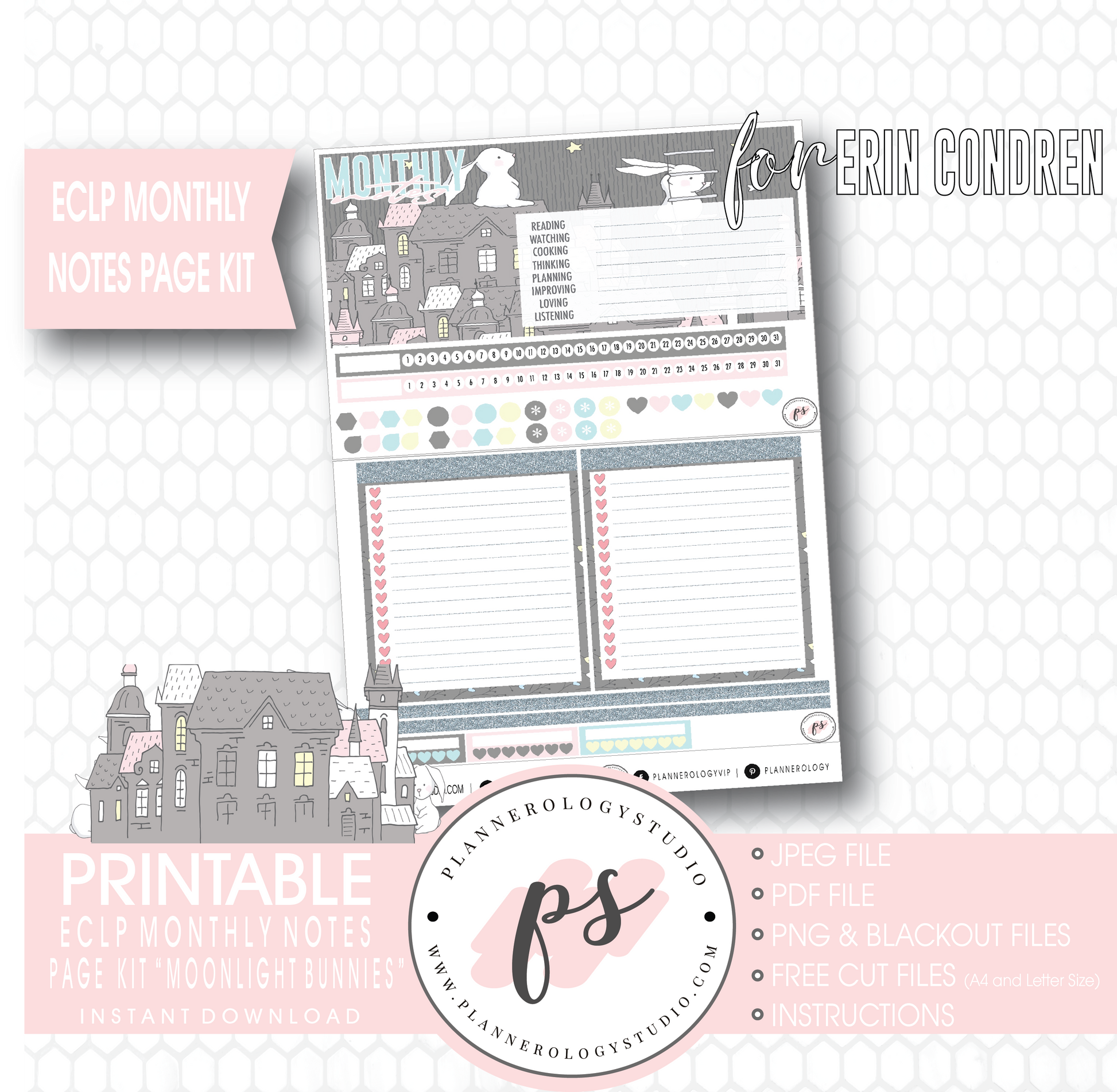 Moonlight Bunnies Easter Monthly Notes Page Kit Digital Printable Planner Stickers (for use with Erin Condren) - Plannerologystudio