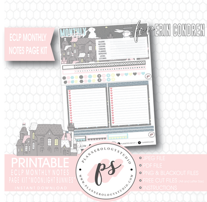 Moonlight Bunnies Easter Monthly Notes Page Kit Digital Printable Planner Stickers (for use with Erin Condren) - Plannerologystudio