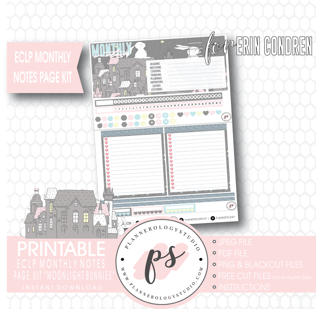 Moonlight Bunnies Easter Monthly Notes Page Kit Digital Printable Planner Stickers (for use with Erin Condren) - Plannerologystudio