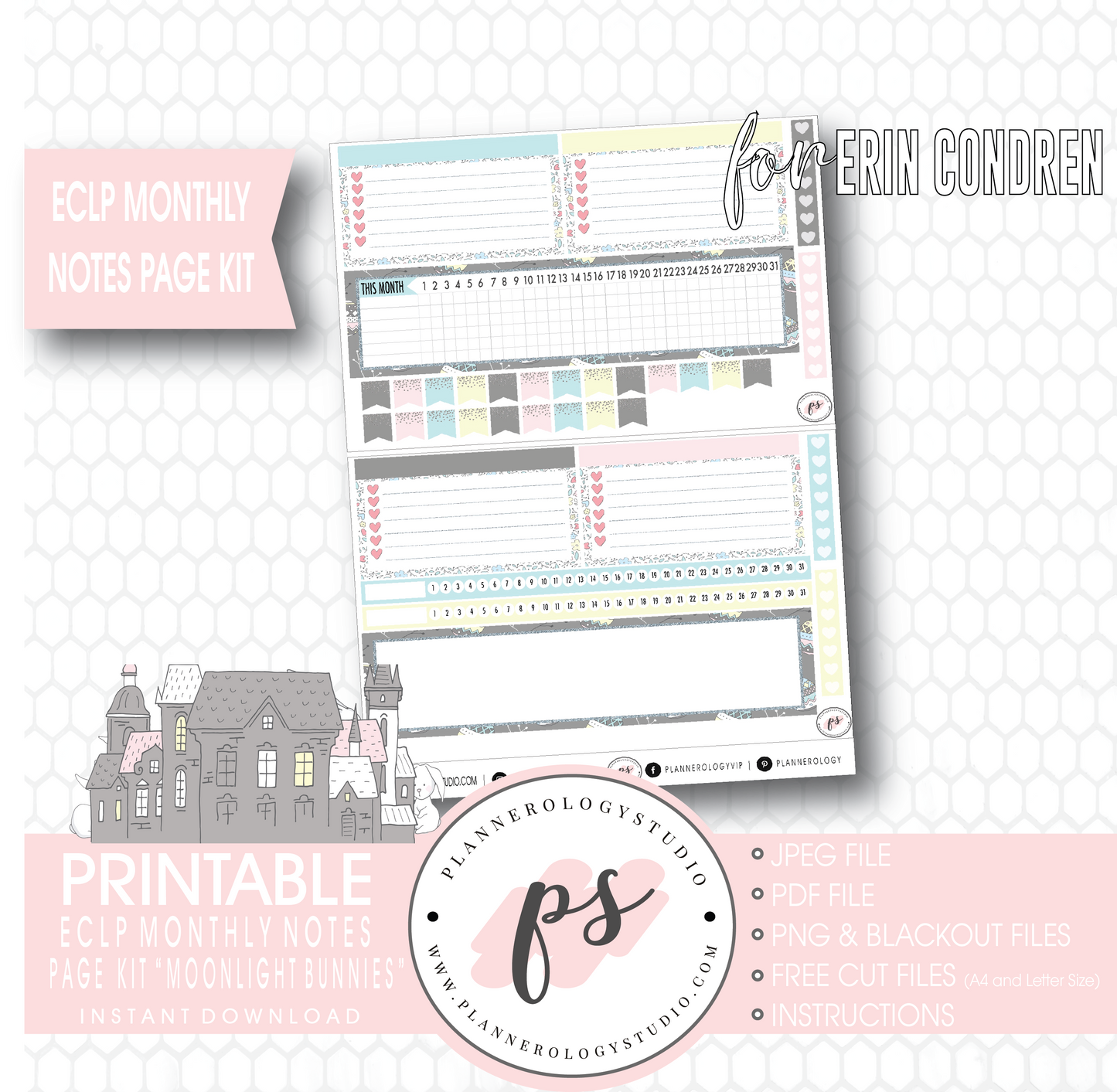 Moonlight Bunnies Easter Monthly Notes Page Kit Digital Printable Planner Stickers (for use with Erin Condren) - Plannerologystudio