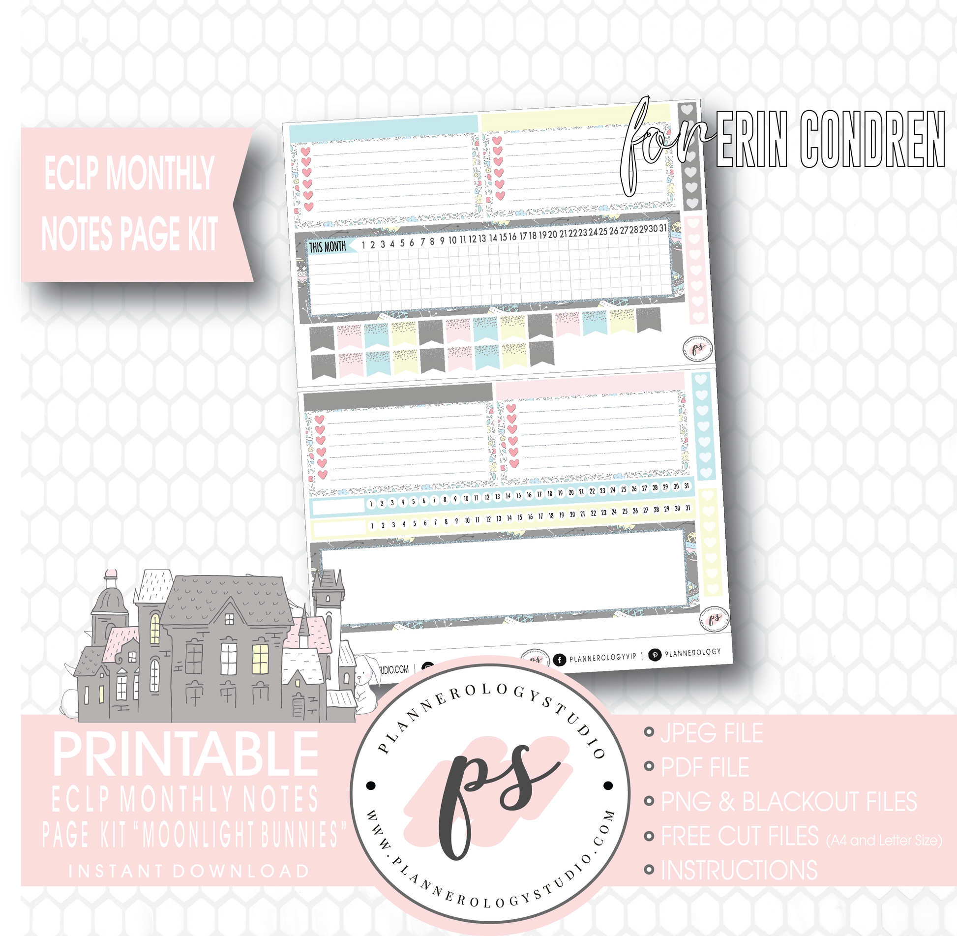 Moonlight Bunnies Easter Monthly Notes Page Kit Digital Printable Planner Stickers (for use with Erin Condren) - Plannerologystudio