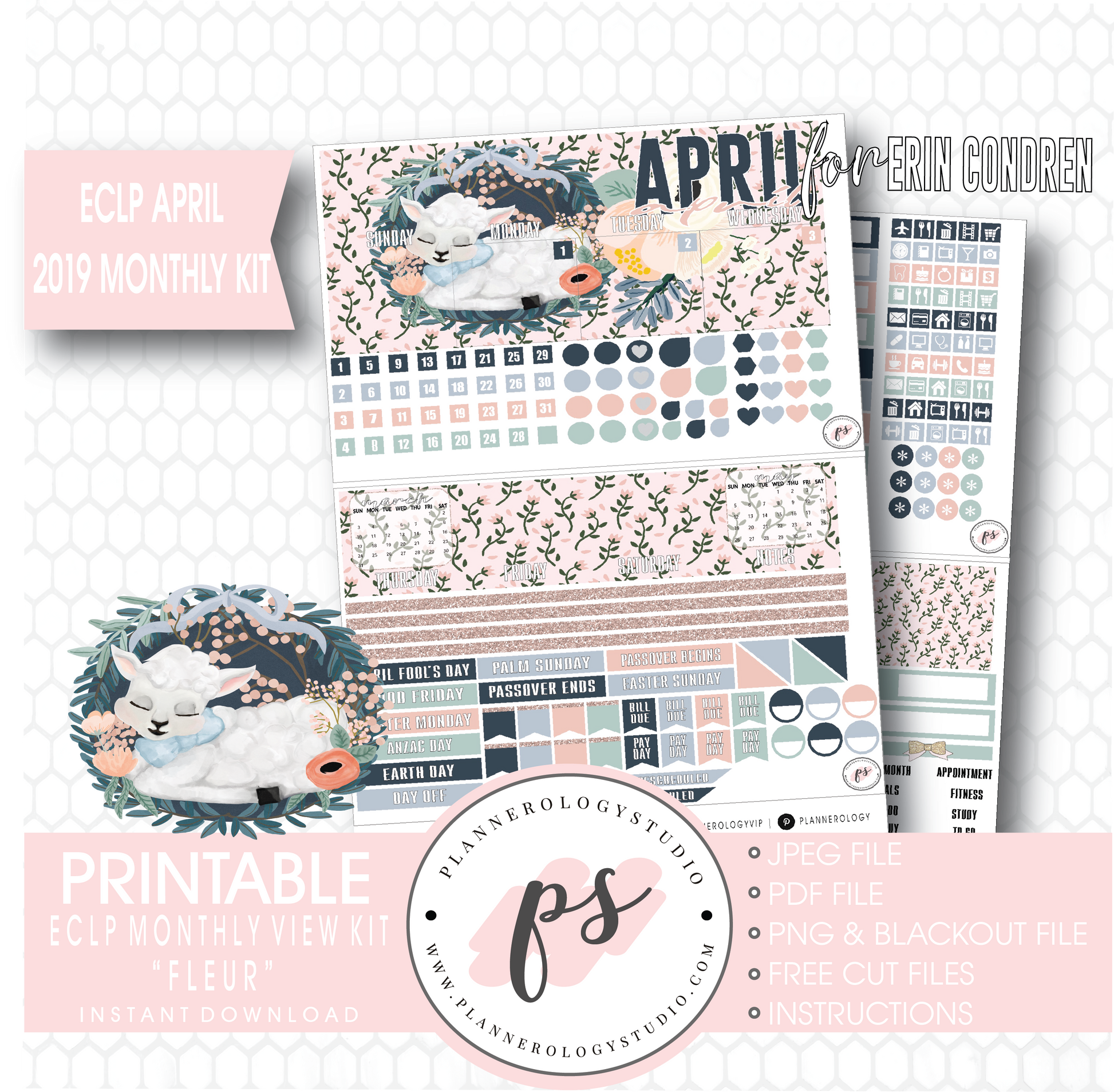 Fleur Easter April 2019 Monthly View Kit Digital Printable Planner Stickers (for use with Erin Condren) - Plannerologystudio