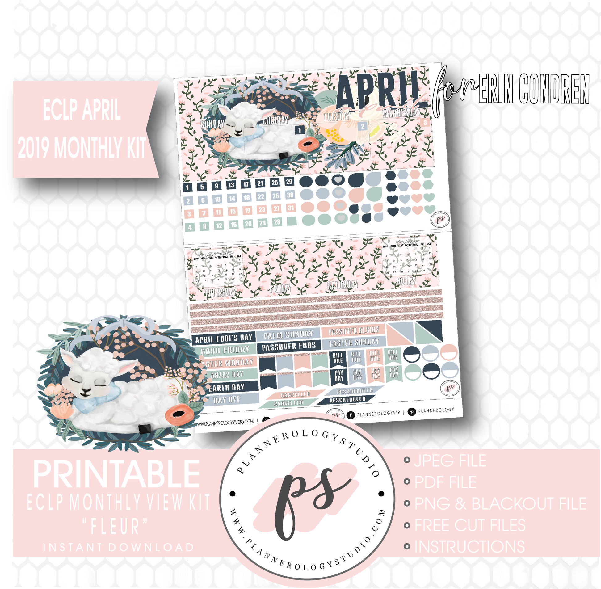 Fleur Easter April 2019 Monthly View Kit Digital Printable Planner Stickers (for use with Erin Condren) - Plannerologystudio