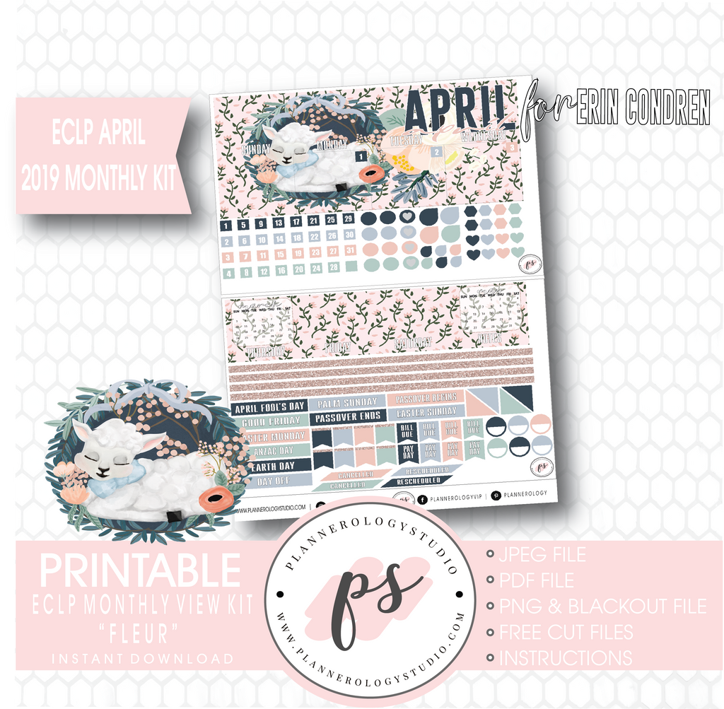 Fleur Easter April 2019 Monthly View Kit Digital Printable Planner Stickers (for use with Erin Condren) - Plannerologystudio