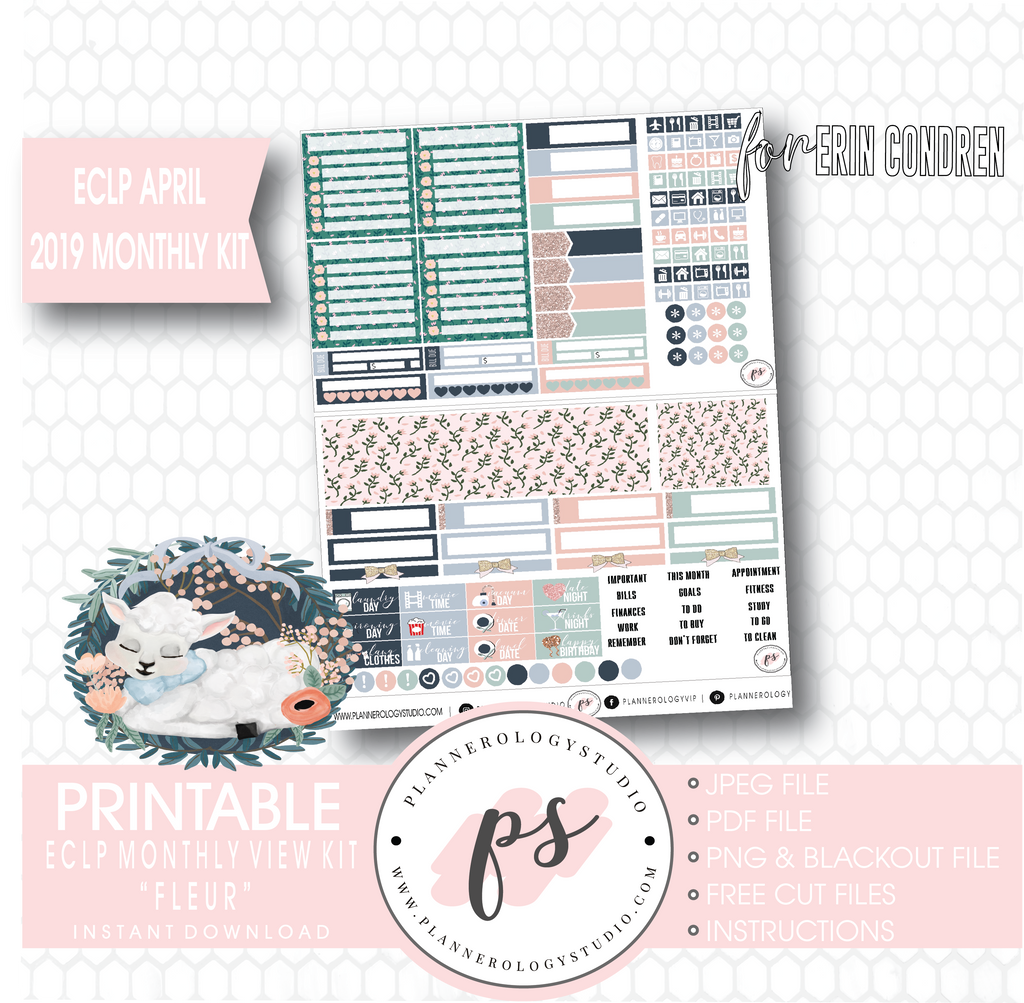 Fleur Easter April 2019 Monthly View Kit Digital Printable Planner Stickers (for use with Erin Condren) - Plannerologystudio
