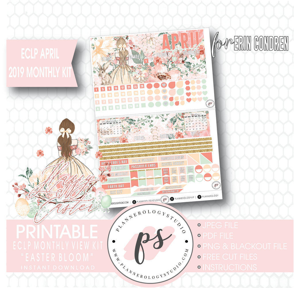 Easter Bloom April 2019 Monthly View Kit Digital Printable Planner Stickers (for use with Erin Condren) - Plannerologystudio