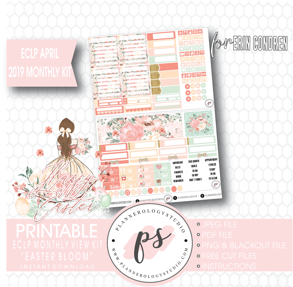 Easter Bloom April 2019 Monthly View Kit Digital Printable Planner Stickers (for use with Erin Condren) - Plannerologystudio