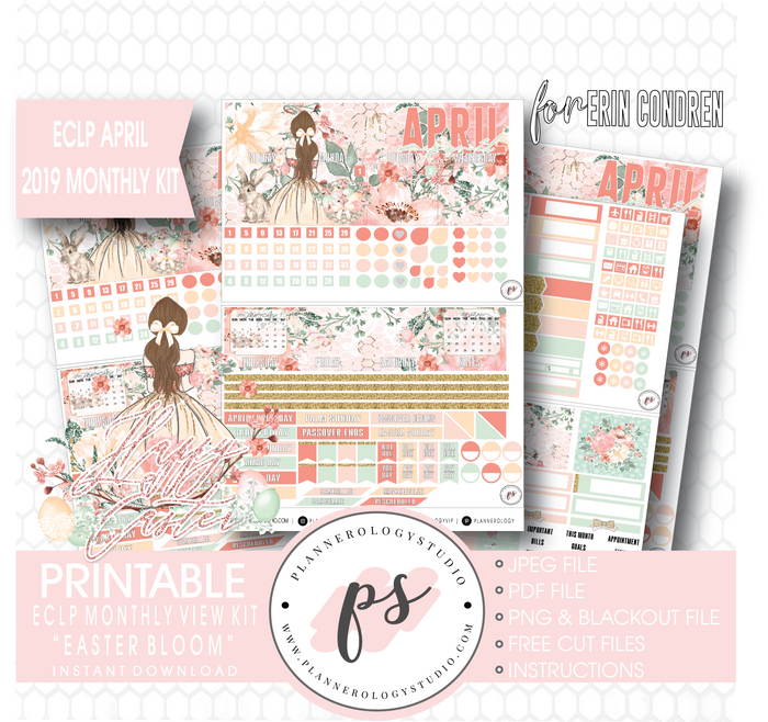 Easter Bloom April 2019 Monthly View Kit Digital Printable Planner Stickers (for use with Erin Condren) - Plannerologystudio