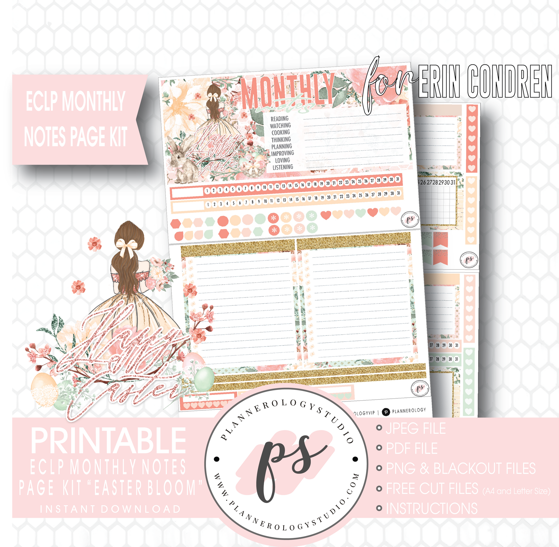 Easter Bloom Monthly Notes Page Kit Digital Printable Planner Stickers (for use with Erin Condren) - Plannerologystudio