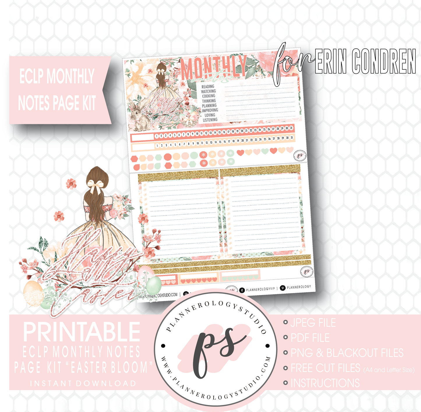Easter Bloom Monthly Notes Page Kit Digital Printable Planner Stickers (for use with Erin Condren) - Plannerologystudio