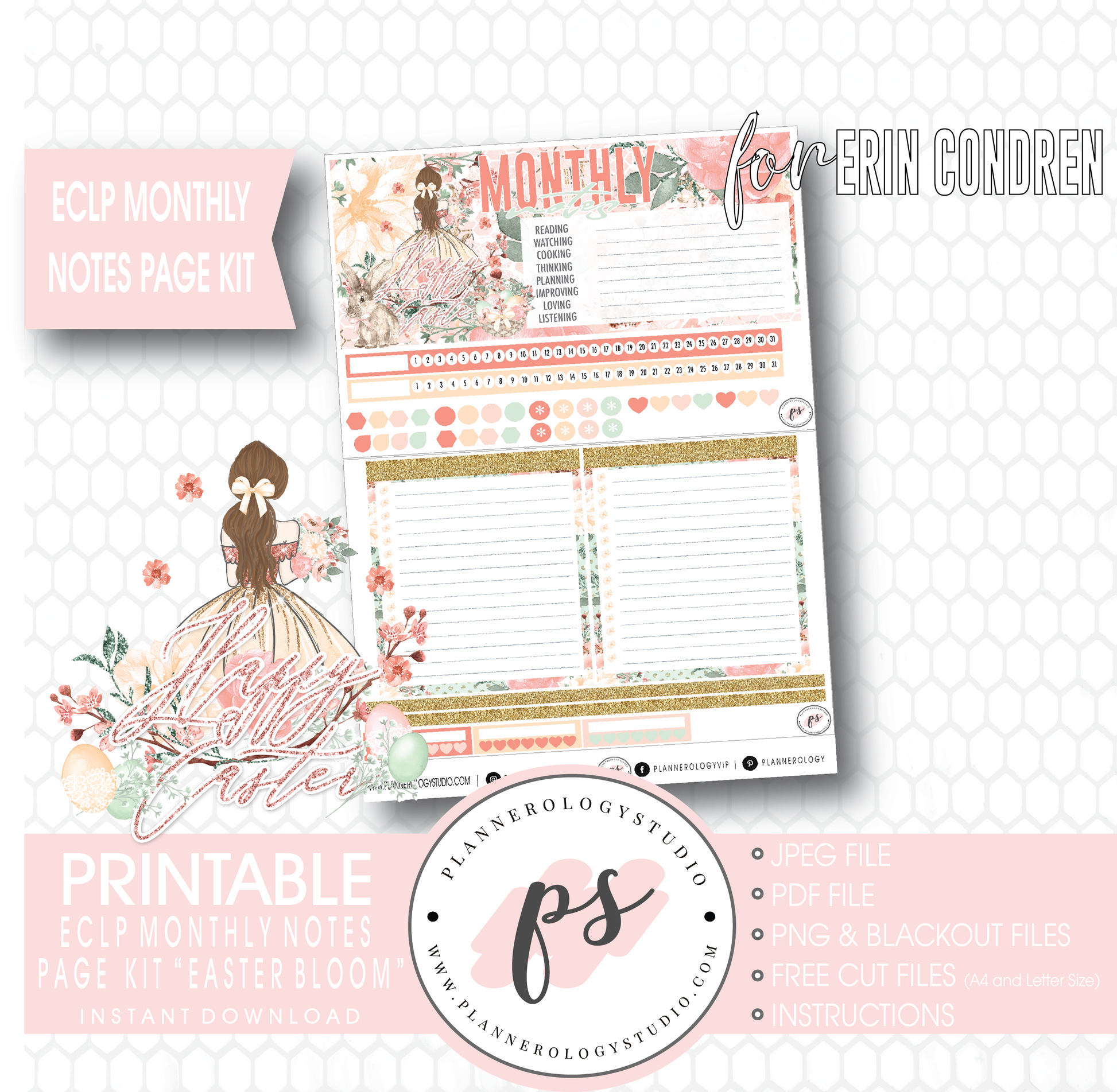 Easter Bloom Monthly Notes Page Kit Digital Printable Planner Stickers (for use with Erin Condren) - Plannerologystudio