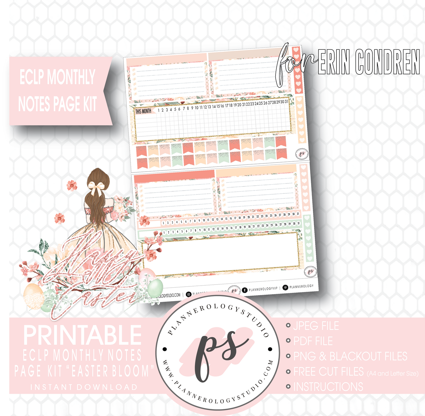 Easter Bloom Monthly Notes Page Kit Digital Printable Planner Stickers (for use with Erin Condren) - Plannerologystudio