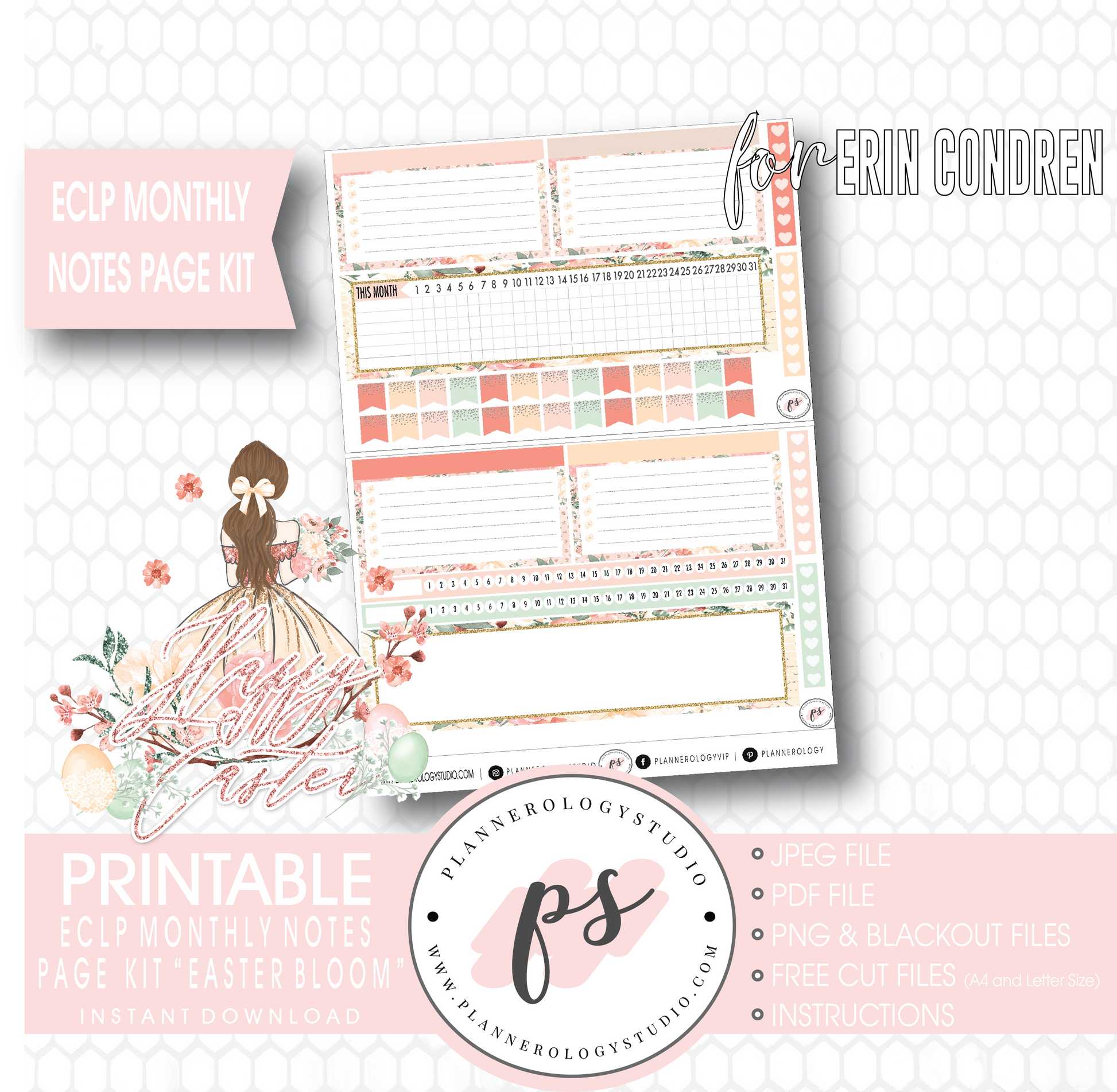 Easter Bloom Monthly Notes Page Kit Digital Printable Planner Stickers (for use with Erin Condren) - Plannerologystudio