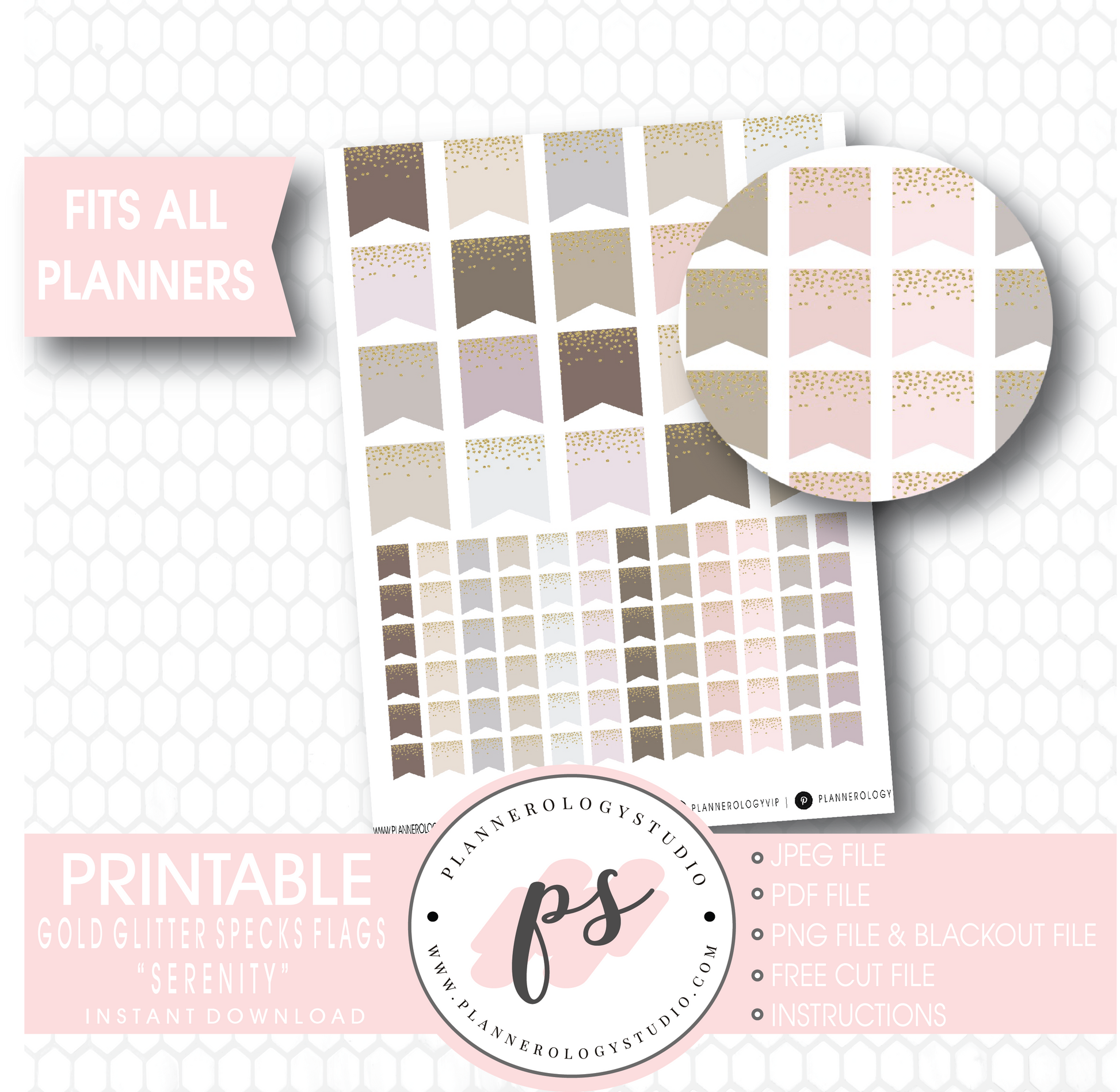 "Serenity" Gold Glitter Specks Flags Printable Digital Planner Stickers - Plannerologystudio