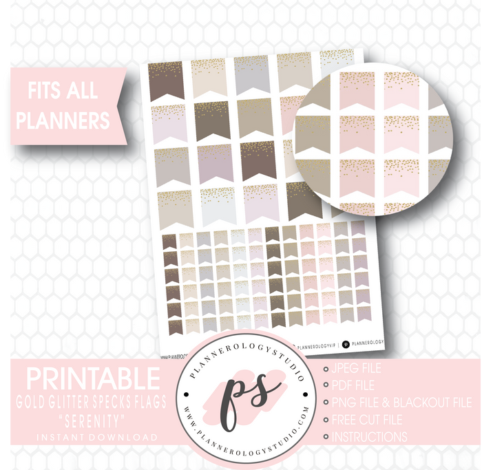 "Serenity" Gold Glitter Specks Flags Printable Digital Planner Stickers - Plannerologystudio