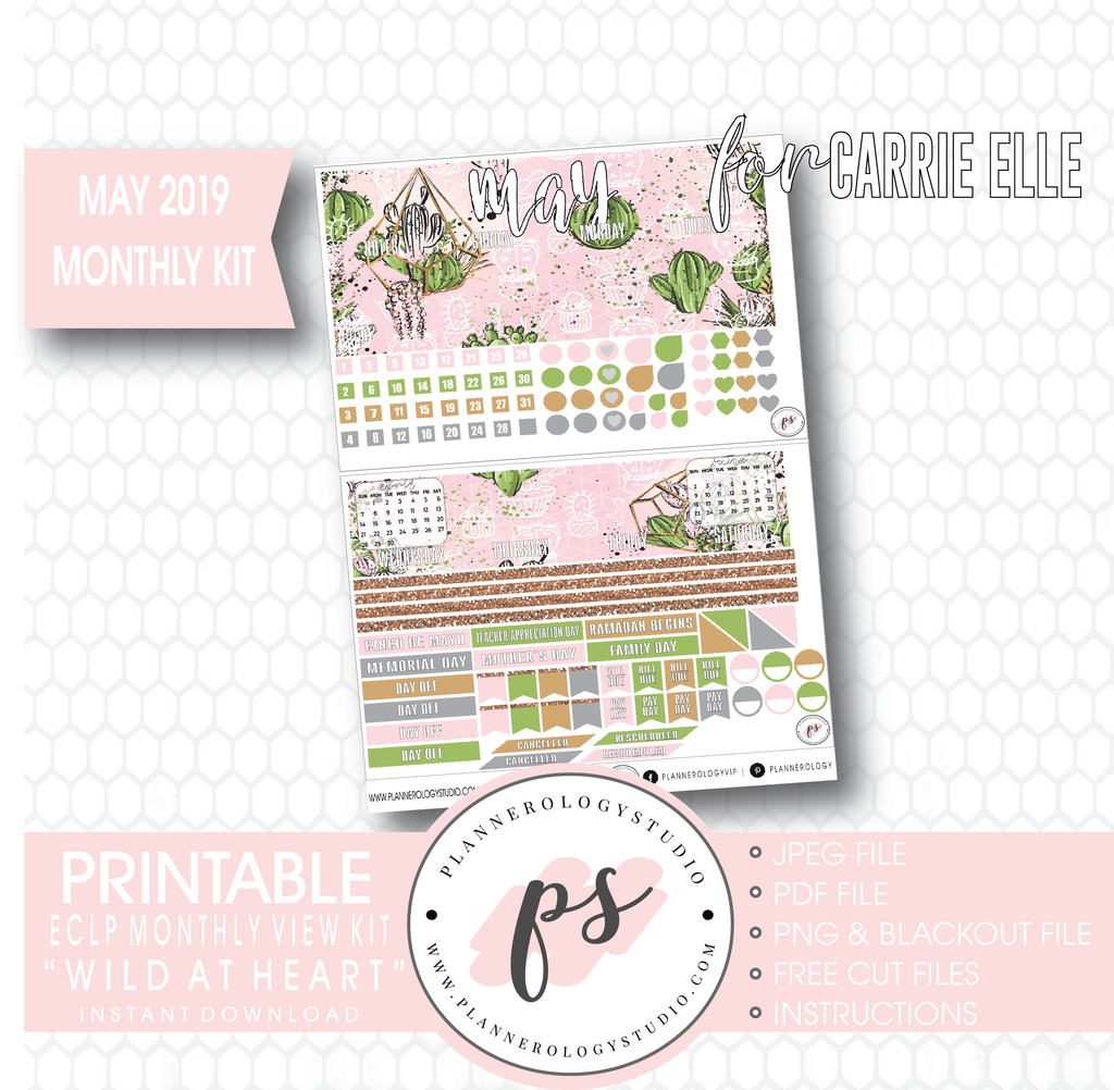 Wild At Heart May 2019 Monthly View Kit Digital Printable Planner Stickers (for use with Carrie Elle Planner) - Plannerologystudio