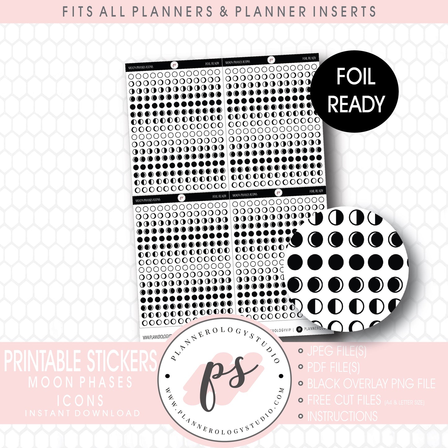Moon Phases Icon Digital Printable Hobonichi Weeks Planner Stickers (Foil Ready)