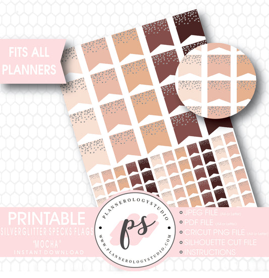 "Mocha" Silver Glitter Specks Flags Printable Planner Stickers - Plannerologystudio