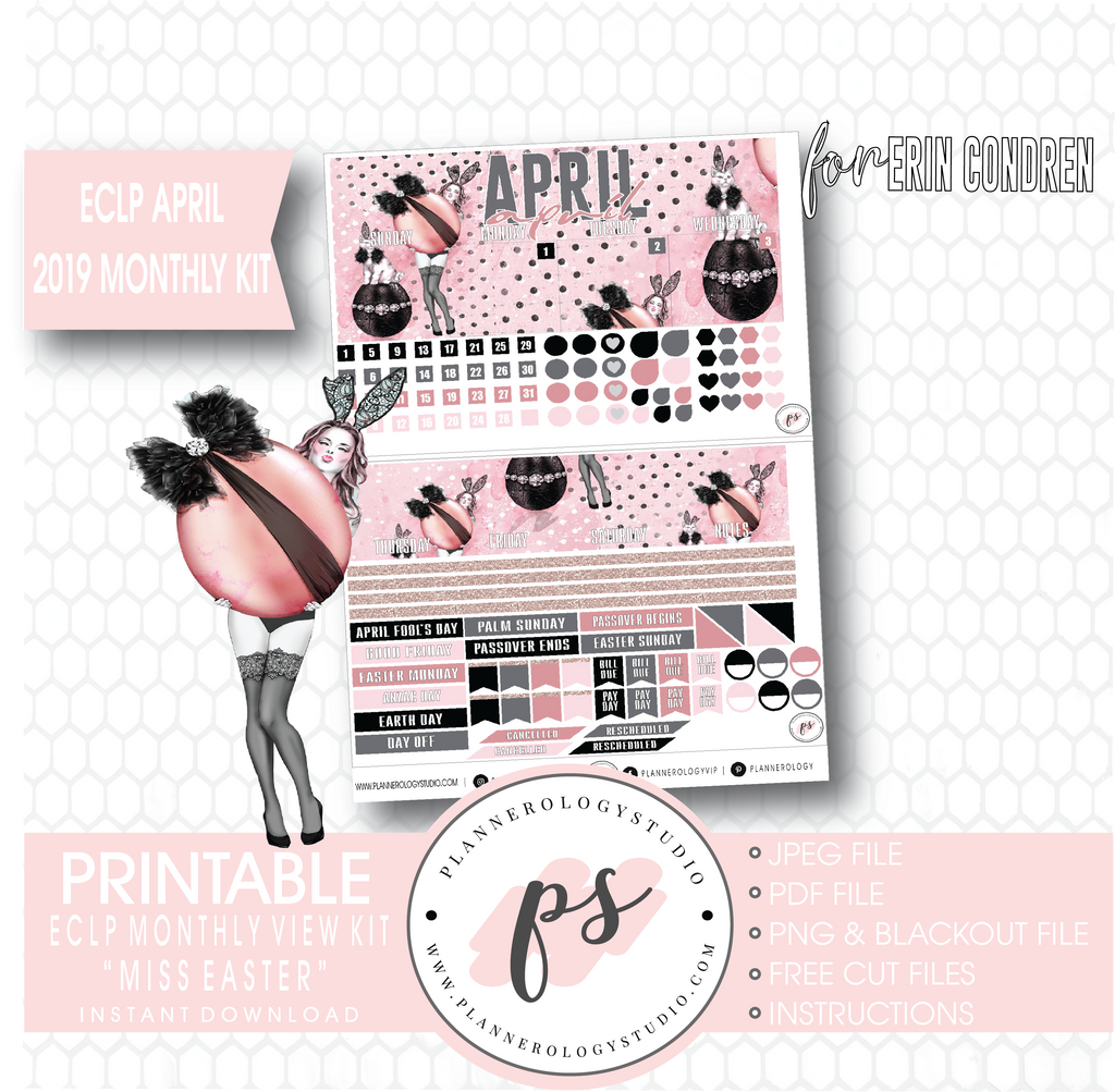 Miss Easter April 2019 Monthly View Kit Digital Printable Planner Stickers (for use with Erin Condren) - Plannerologystudio