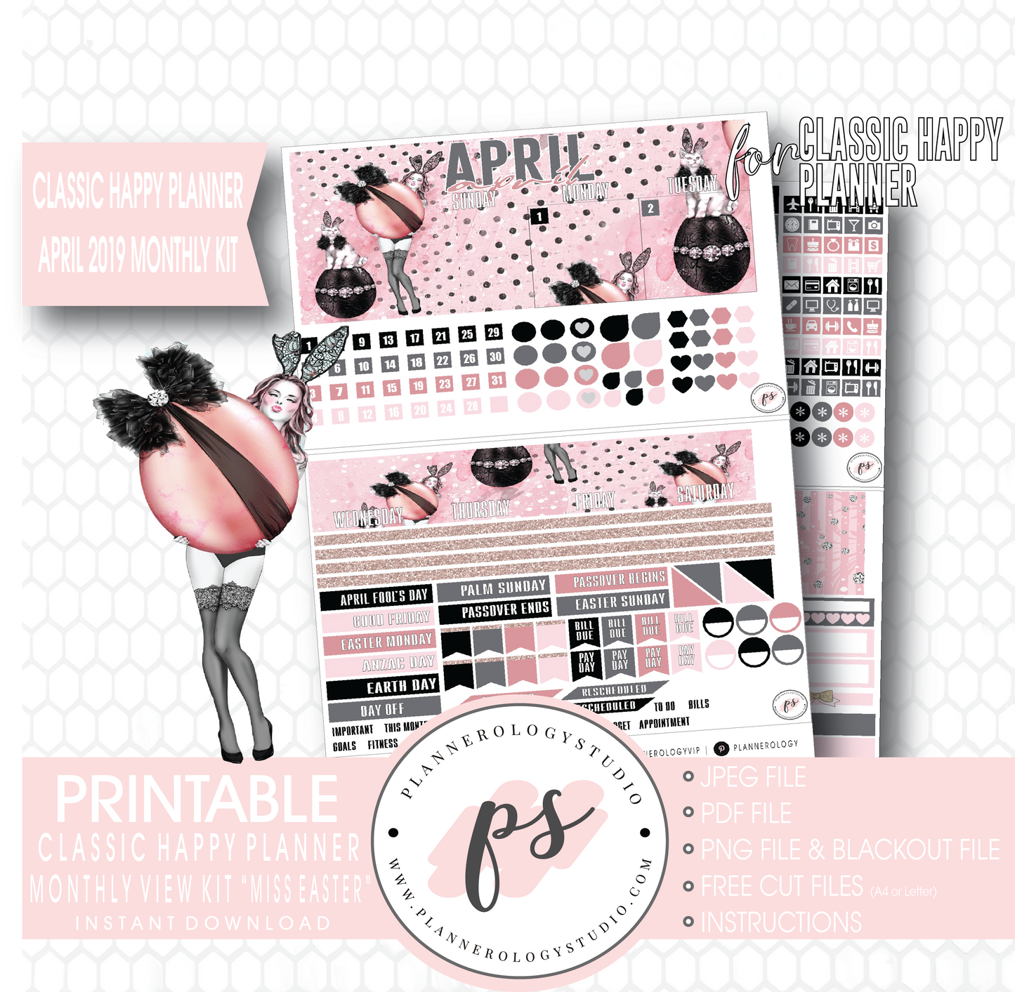 Miss Easter April 2019 Monthly View Kit Digital Printable Planner Stickers (for use with Classic Happy Planner) - Plannerologystudio