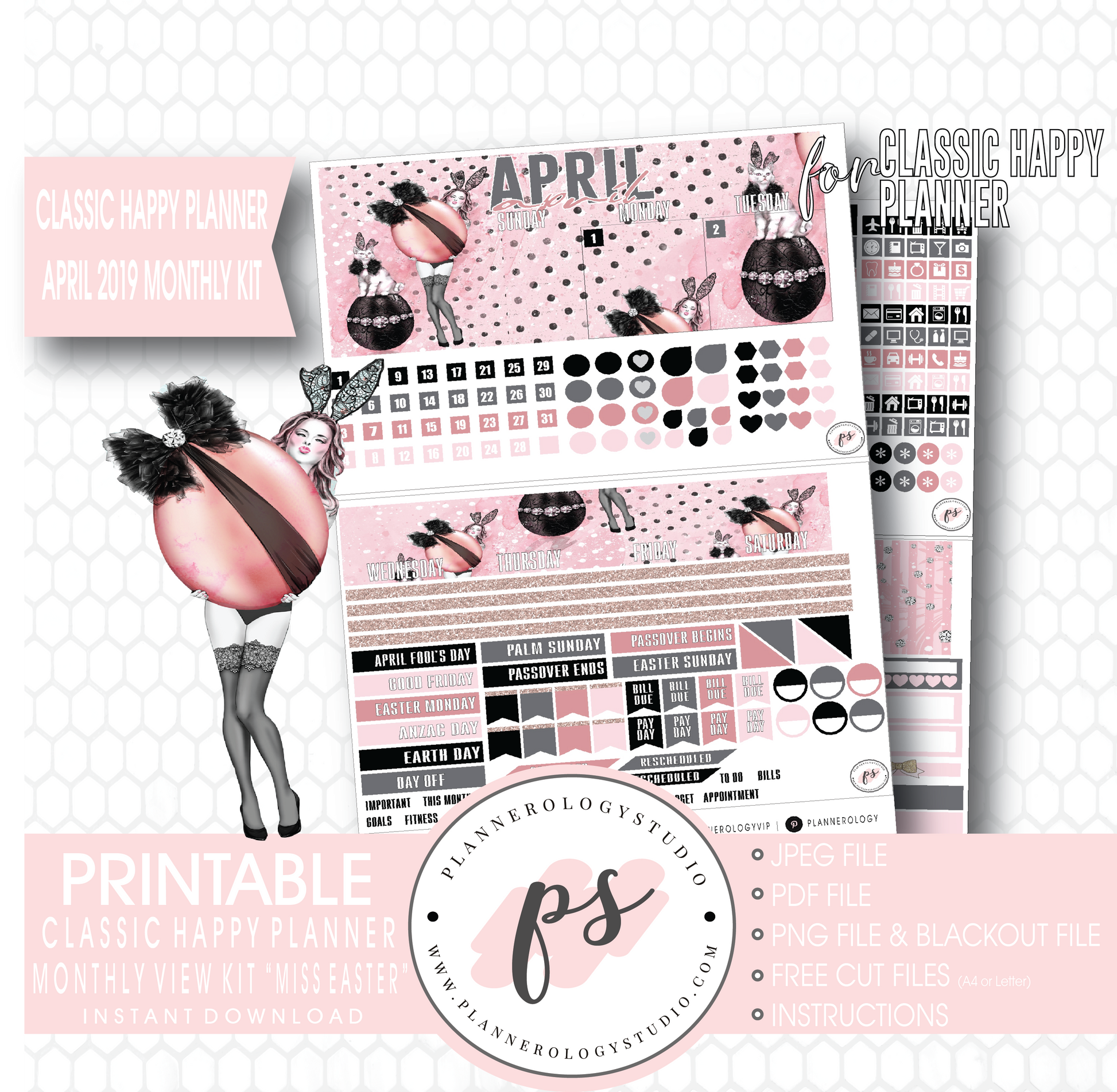 Miss Easter April 2019 Monthly View Kit Digital Printable Planner Stickers (for use with Classic Happy Planner) - Plannerologystudio